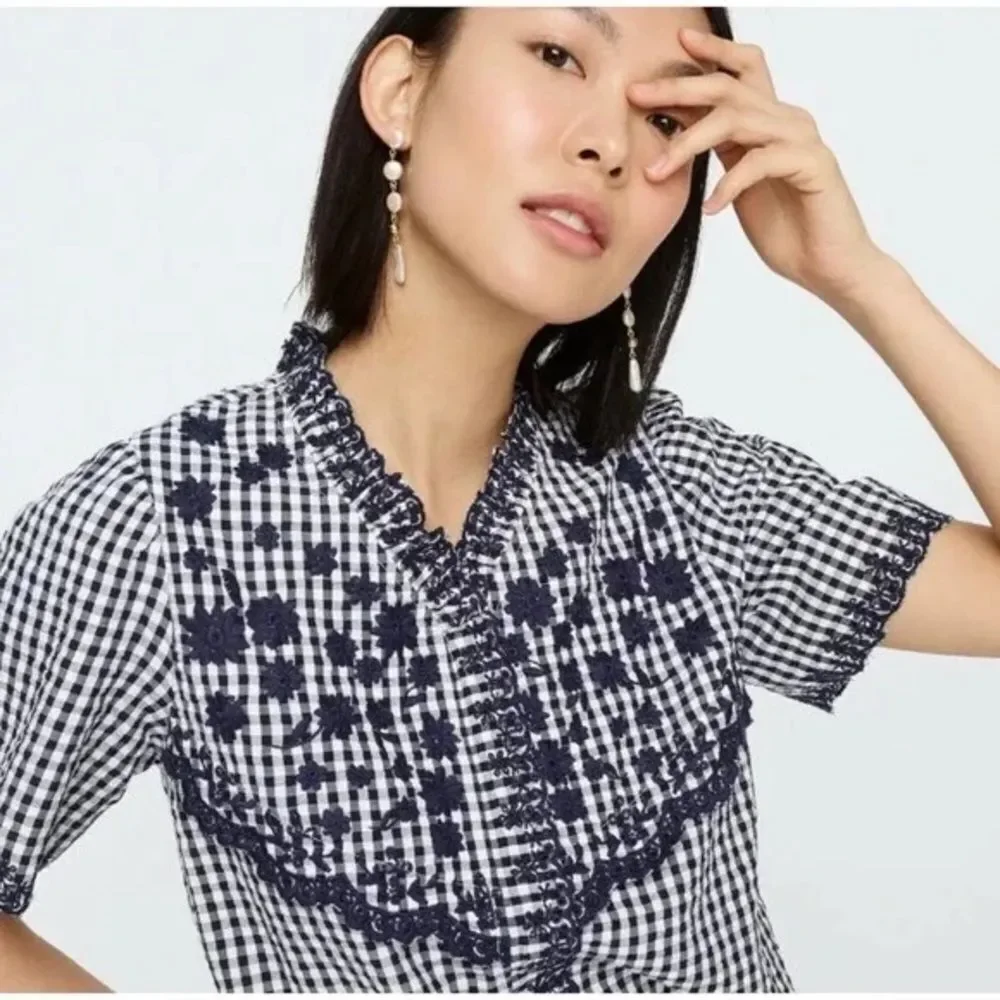 J.Crew Embroidered Indigo Crinkled Gingham Short Sleeve Navy White Top Cotton XS